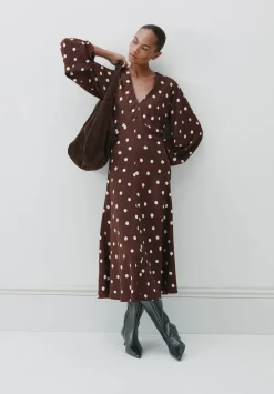 hush Dresses|Grace V-Neck Long Sleeve Dress Polka Dot Brown