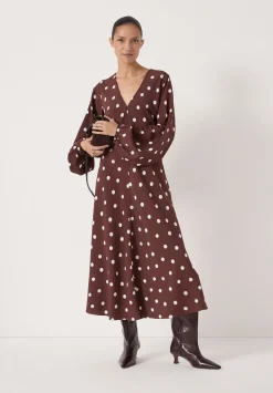 hush Dresses|Grace V-Neck Long Sleeve Dress Polka Dot Brown