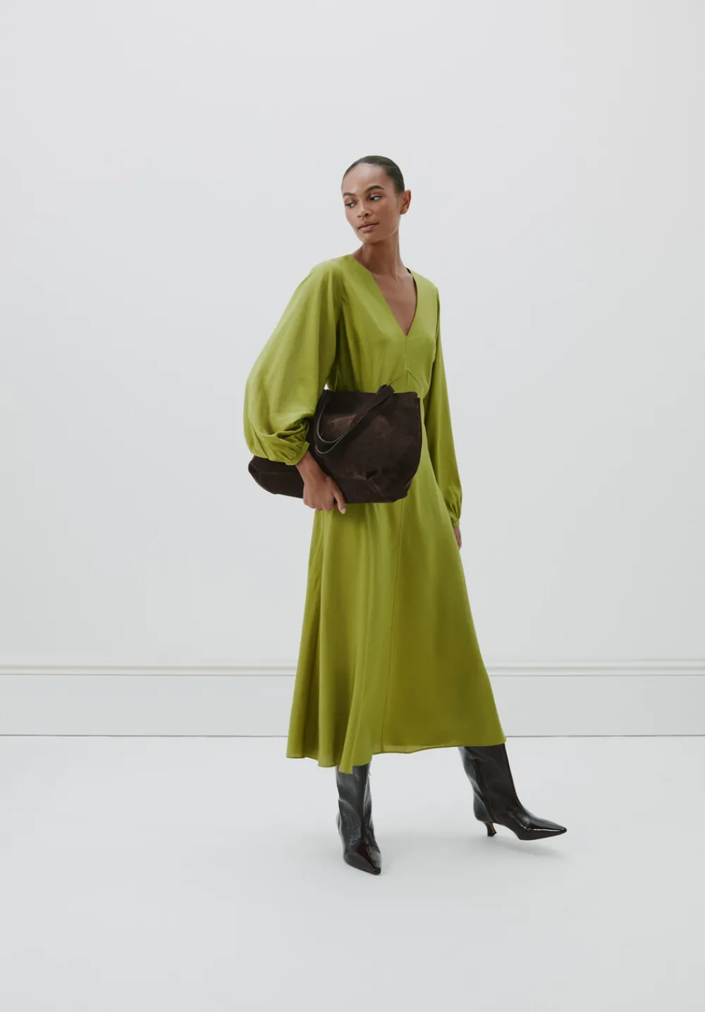 hush Dresses|Grace V-Neck Long Sleeve Dress Dark Olive Green