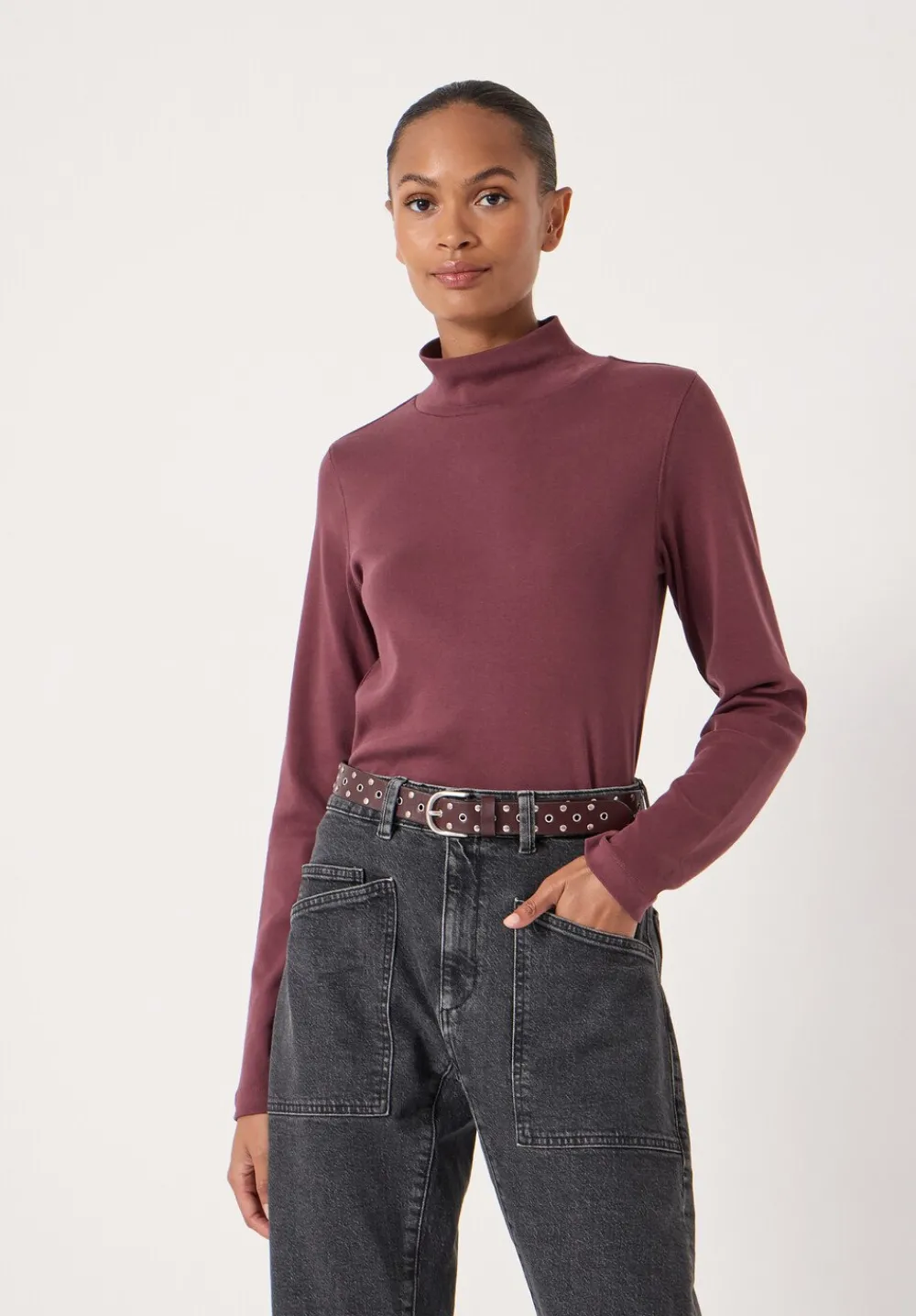 hush Tops & T-Shirts|High Neck Midweight Jersey Top Burgundy Purple
