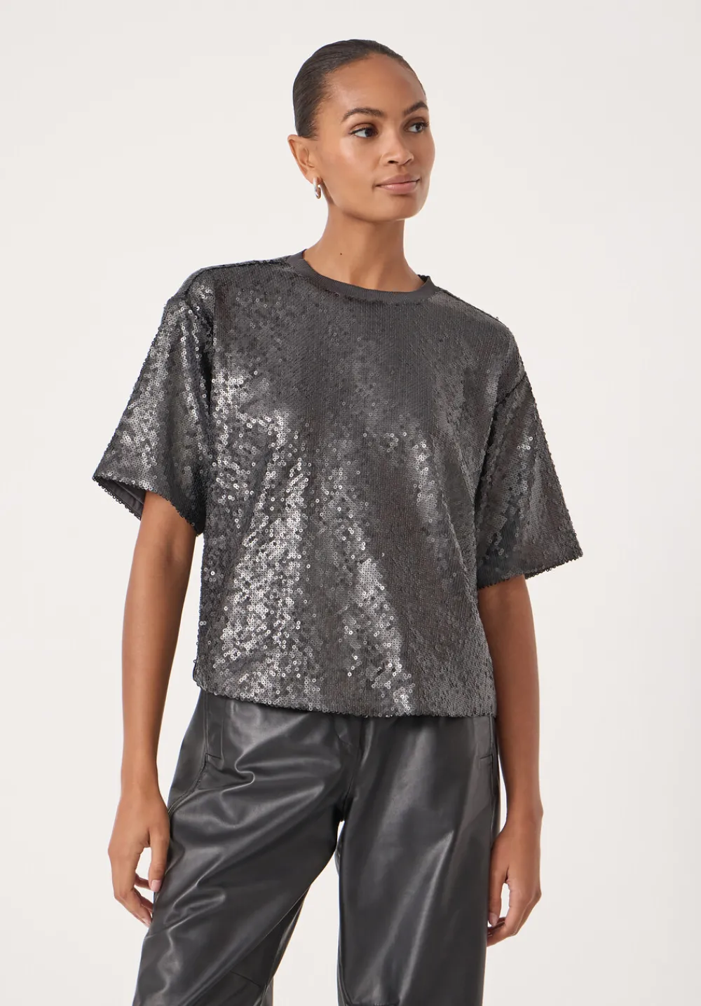 hush Tops & T-Shirts|Holly Matte Sequin T-Shirt Gunmetal Grey