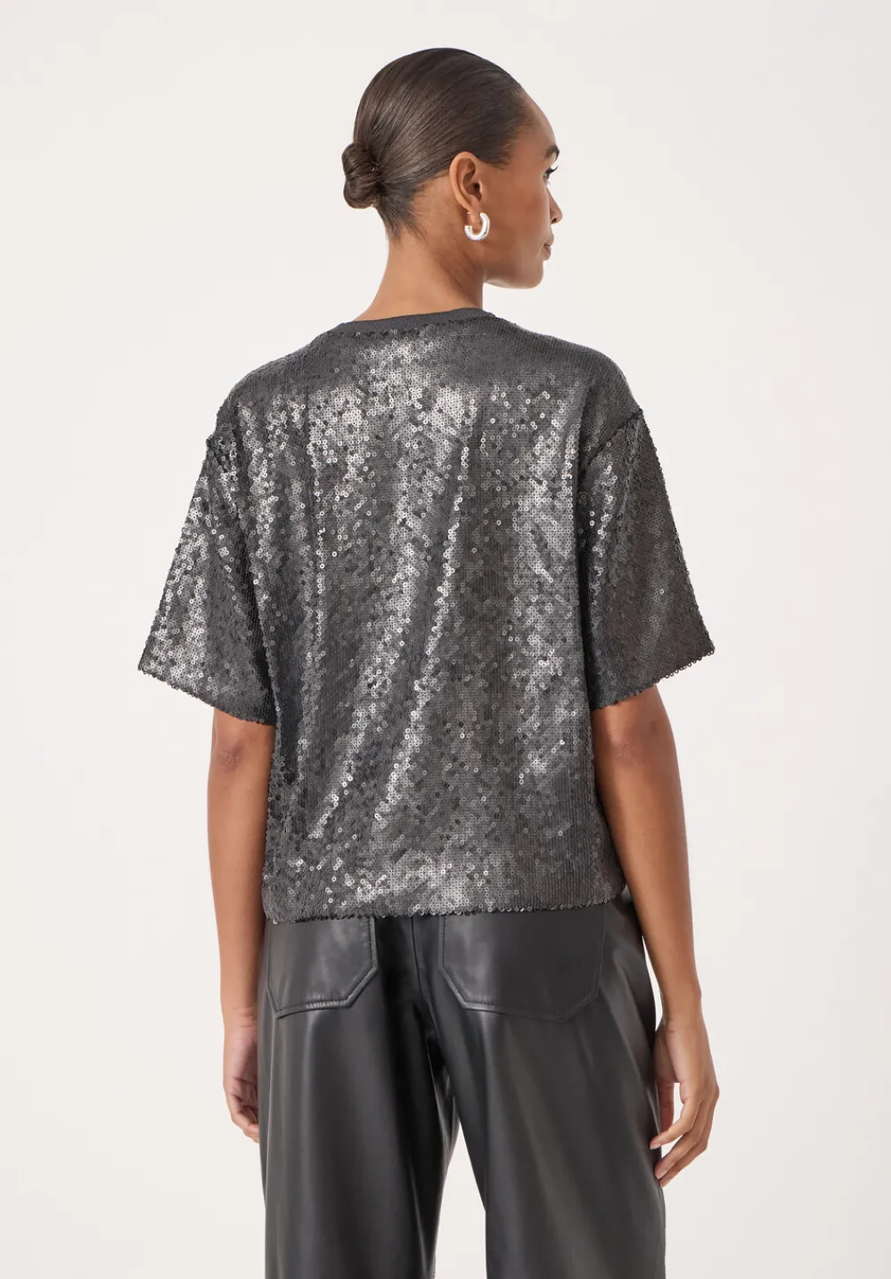 hush Tops & T-Shirts|Holly Matte Sequin T-Shirt Gunmetal Grey