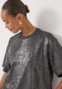 hush Tops & T-Shirts|Holly Matte Sequin T-Shirt Gunmetal Grey
