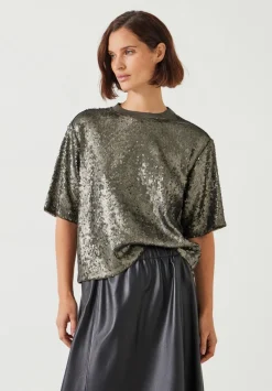 hush Tops & T-Shirts|Holly Sequin T-Shirt Matte Khaki Green Sequins