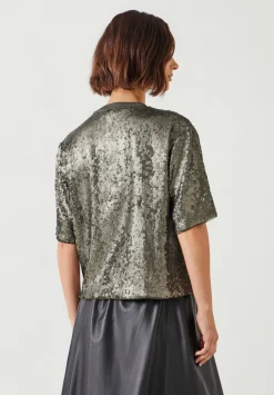 hush Tops & T-Shirts|Holly Sequin T-Shirt Matte Khaki Green Sequins