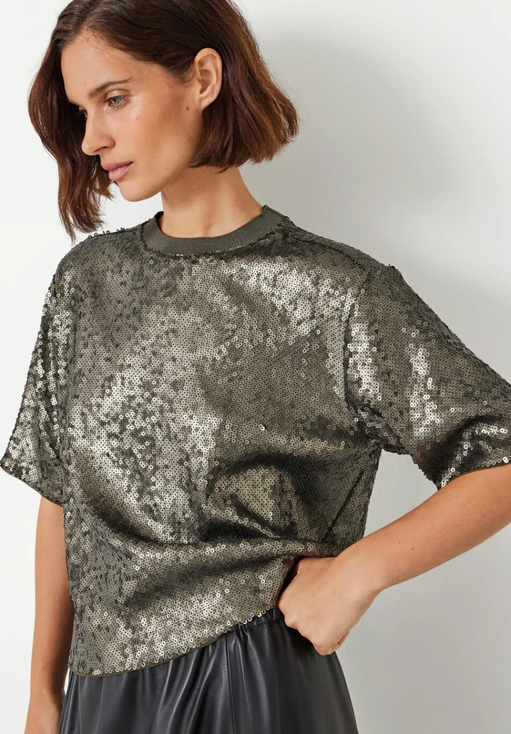 hush Tops & T-Shirts|Holly Sequin T-Shirt Matte Khaki Green Sequins