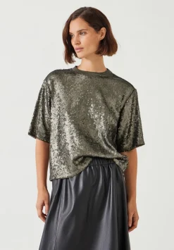 hush Tops & T-Shirts|Holly Sequin T-Shirt Matte Khaki Green Sequins