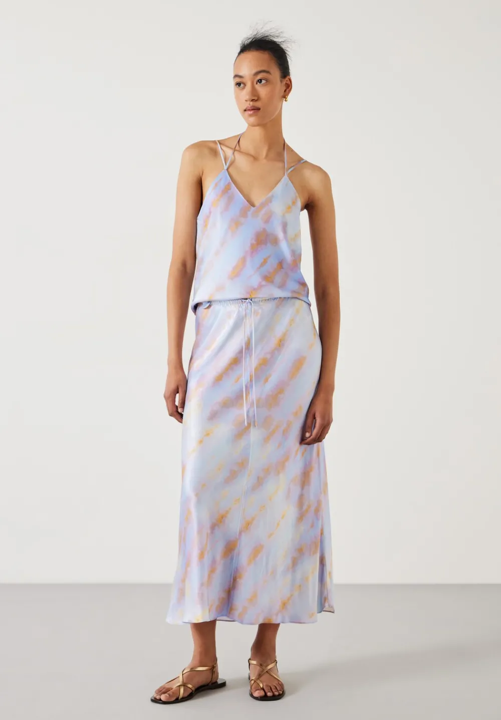 hush Skirts|Indra Satin Midi Skirt Tie Dye Pastel