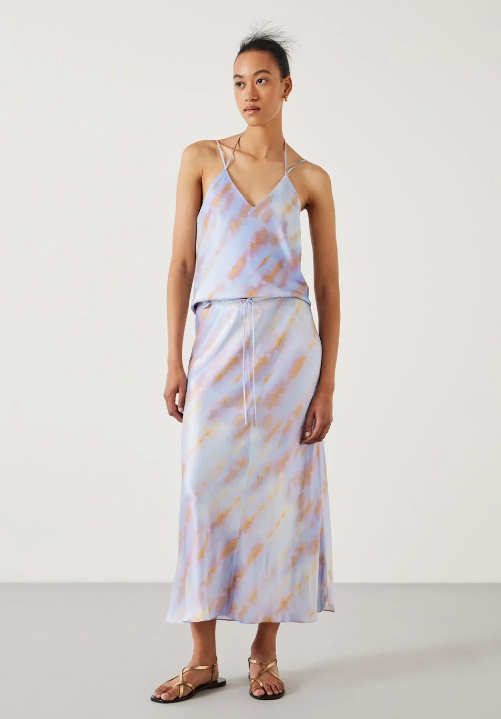 hush Skirts|Indra Satin Midi Skirt Tie Dye Pastel