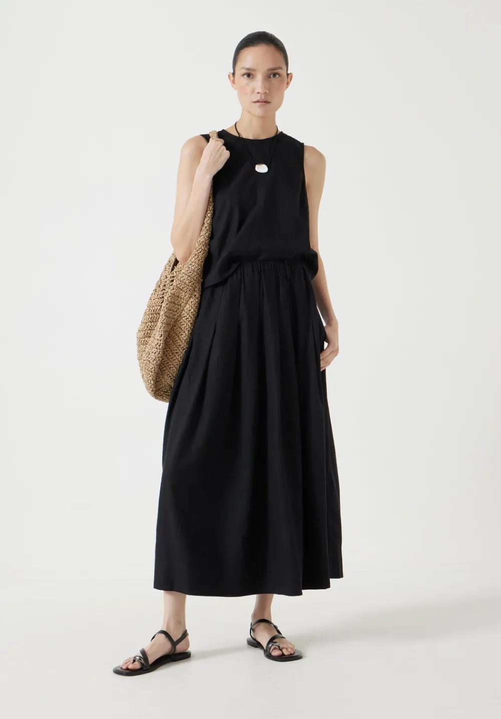 hush Skirts|Ivy Pleated Linen Blend Midi Skirt Washed Black