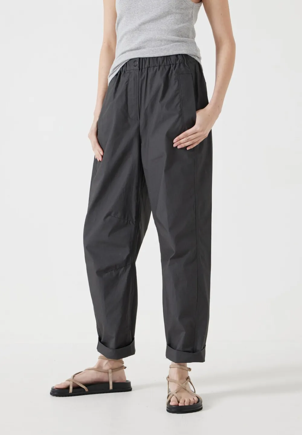 hush Trousers|Jack Barrel Leg Pull On Lightweight Cotton Trousers Washed Black