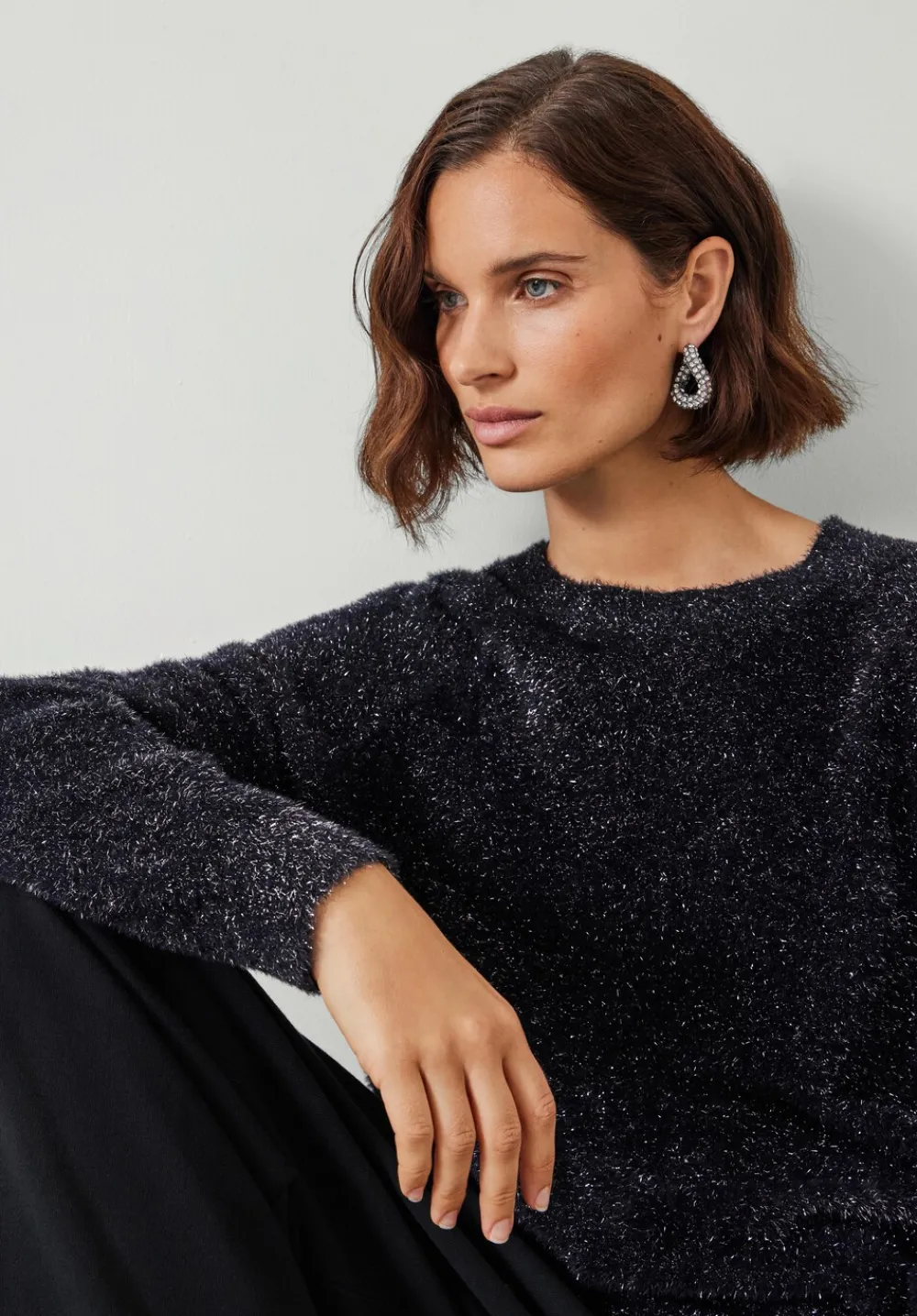hush Jumpers & Cardigans|Jaime Metallic Tinsel Crew Neck Jumper Black/Silver Metallic