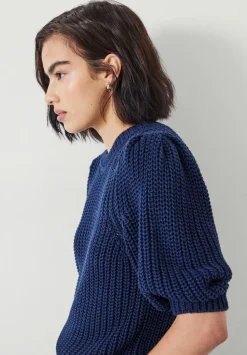hush Tops & T-Shirts|Jessie Cotton Puff Sleeve Ribbed Top Navy
