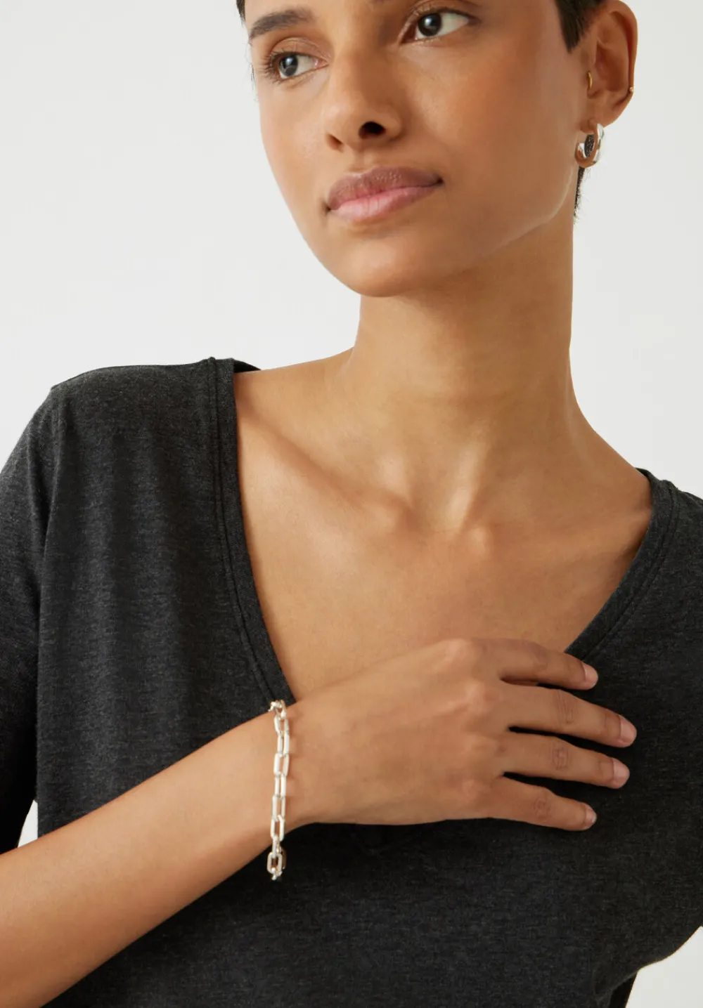 hush Tops & T-Shirts|Kali Cotton Slub V-Neck T-Shirt Charcoal Marl
