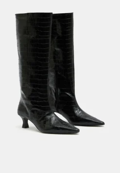 hush Heels|Boots|Katlynn Leather Kitten Heel Knee Boots Black