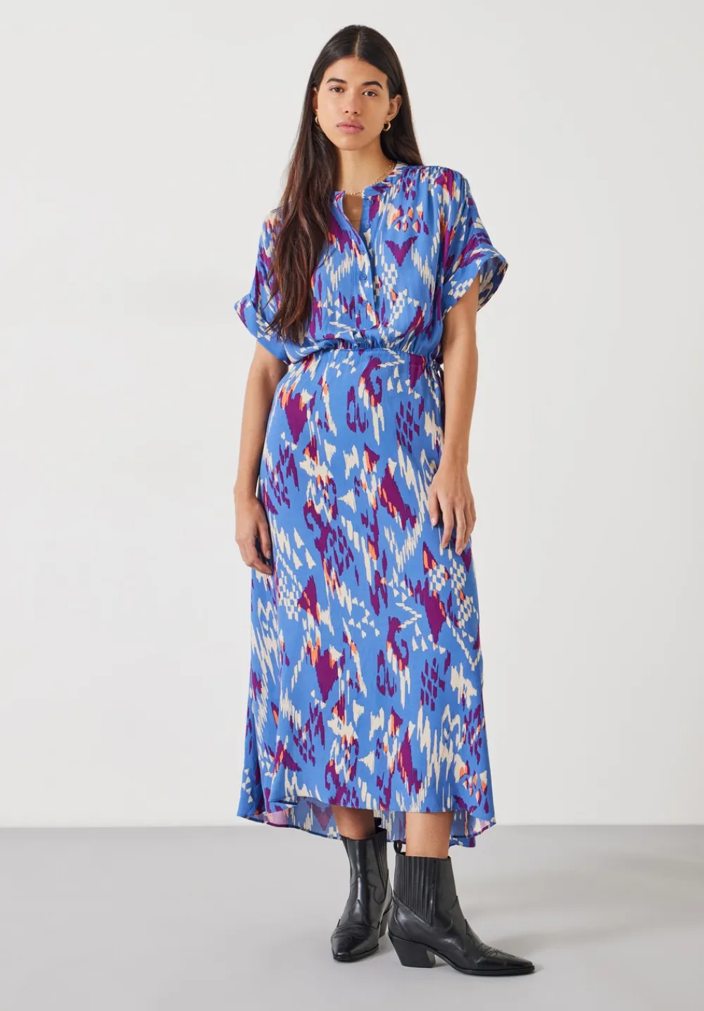 hush Dresses|Keisha Relaxed Maxi Shirt Dress Irregular Ikat Blue