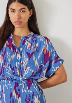 hush Dresses|Keisha Relaxed Maxi Shirt Dress Irregular Ikat Blue