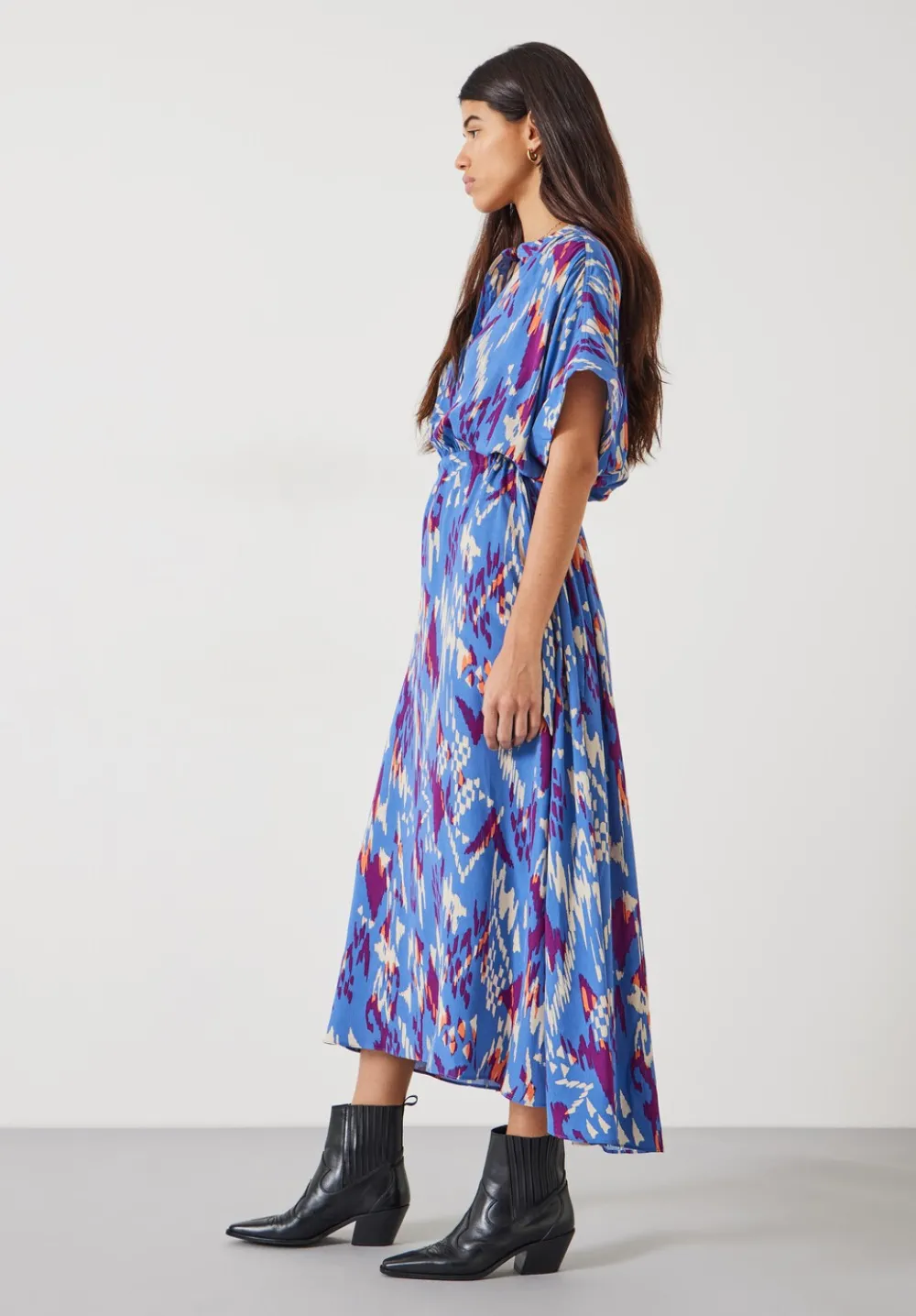 hush Dresses|Keisha Relaxed Maxi Shirt Dress Irregular Ikat Blue