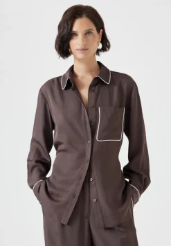 hush Shirts & Blouses|Kinsey Long Sleeve Piping Detailed Shirt Coffee Brown