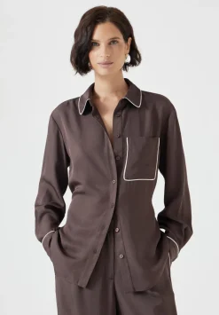 hush Shirts & Blouses|Kinsey Long Sleeve Piping Detailed Shirt Coffee Brown