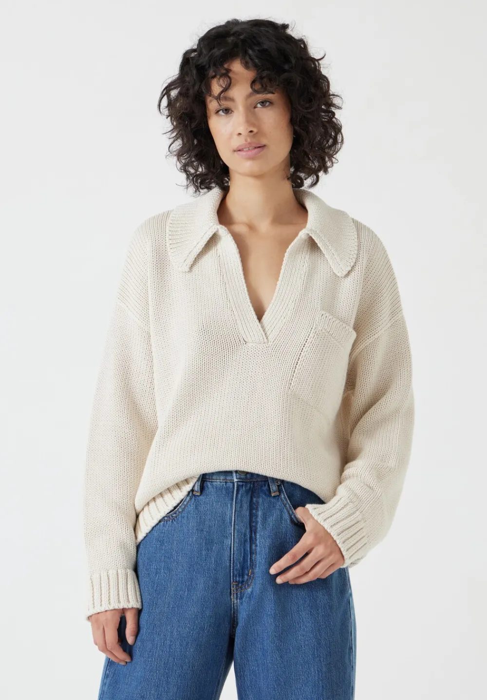 hush Jumpers & Cardigans|Knitted Cotton Rugby Jumper With Pocket Stone White