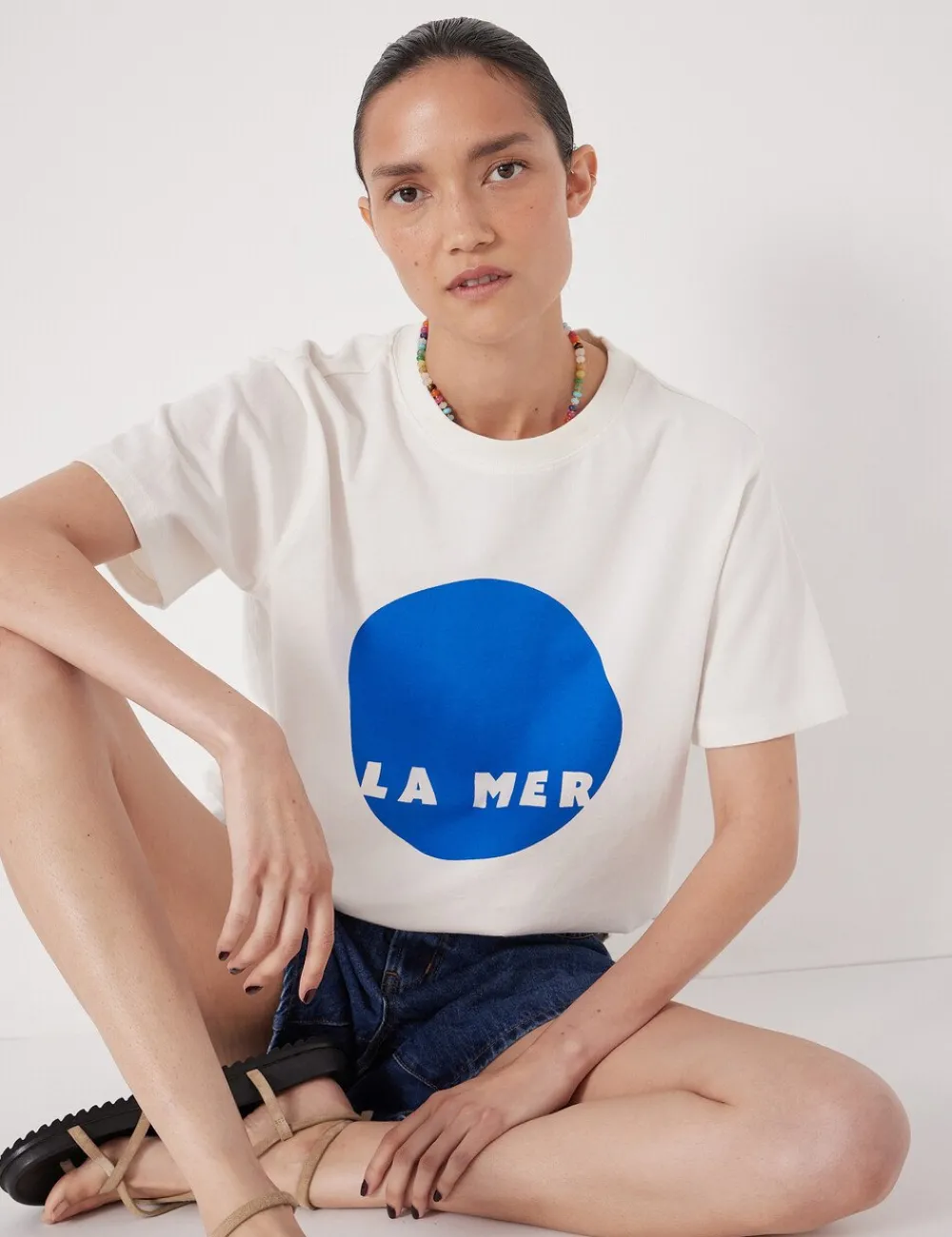 hush Tops & T-Shirts|La Mer Graphic Cotton T-Shirt Ecru White