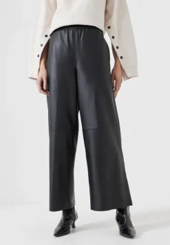 hush Trousers|Leather Cropped Wide Leg Trousers Black