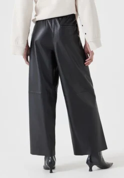hush Trousers|Leather Cropped Wide Leg Trousers Black