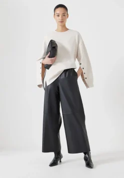 hush Trousers|Leather Cropped Wide Leg Trousers Black