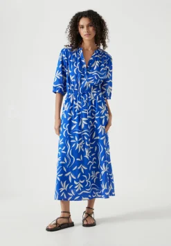 hush Dresses|Lhea Printed Midi Cotton Dress Abstract Palm Blue