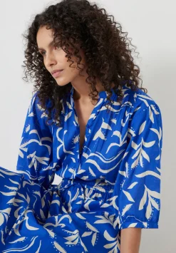 hush Dresses|Lhea Printed Midi Cotton Dress Abstract Palm Blue