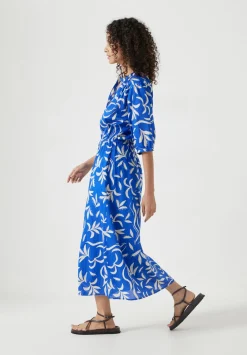 hush Dresses|Lhea Printed Midi Cotton Dress Abstract Palm Blue