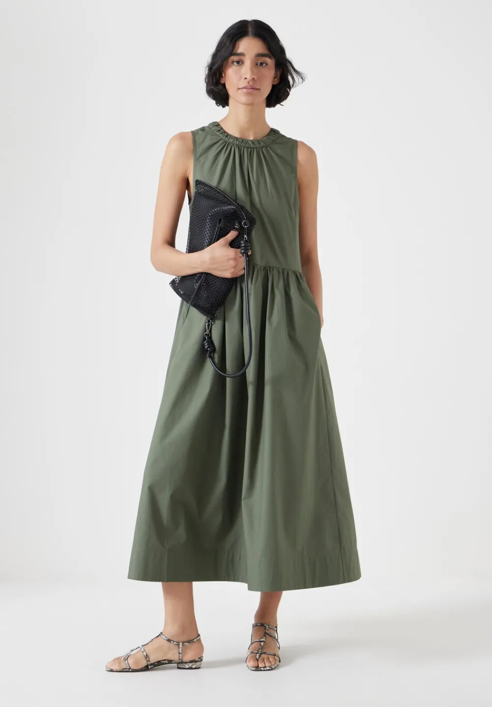 hush Dresses|Lightweight Cotton Sleeveless Crew Neck Maxi Dress Khaki Green