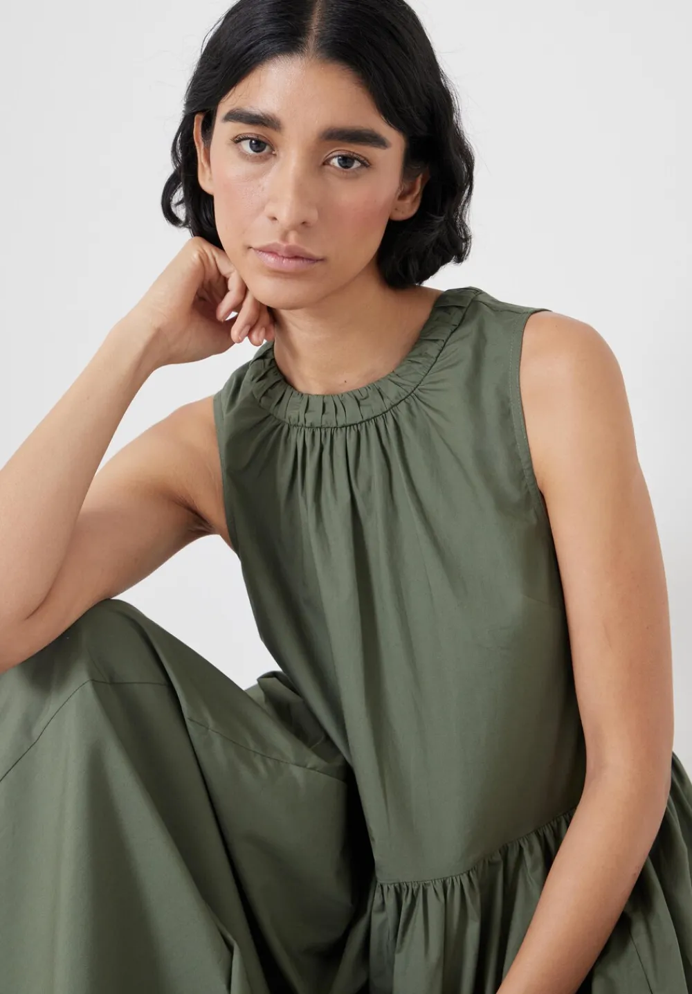 hush Dresses|Lightweight Cotton Sleeveless Crew Neck Maxi Dress Khaki Green