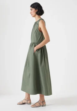 hush Dresses|Lightweight Cotton Sleeveless Crew Neck Maxi Dress Khaki Green