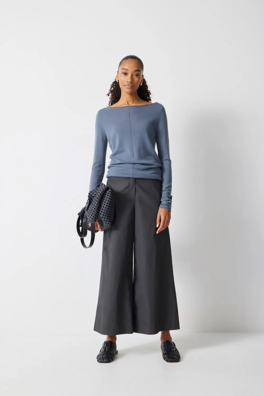 hush Trousers|Lightweight Cotton Wide Leg Cropped Trousers Washed Black