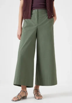 hush Trousers|Lightweight Cotton Wide Leg Cropped Trousers Khaki Green