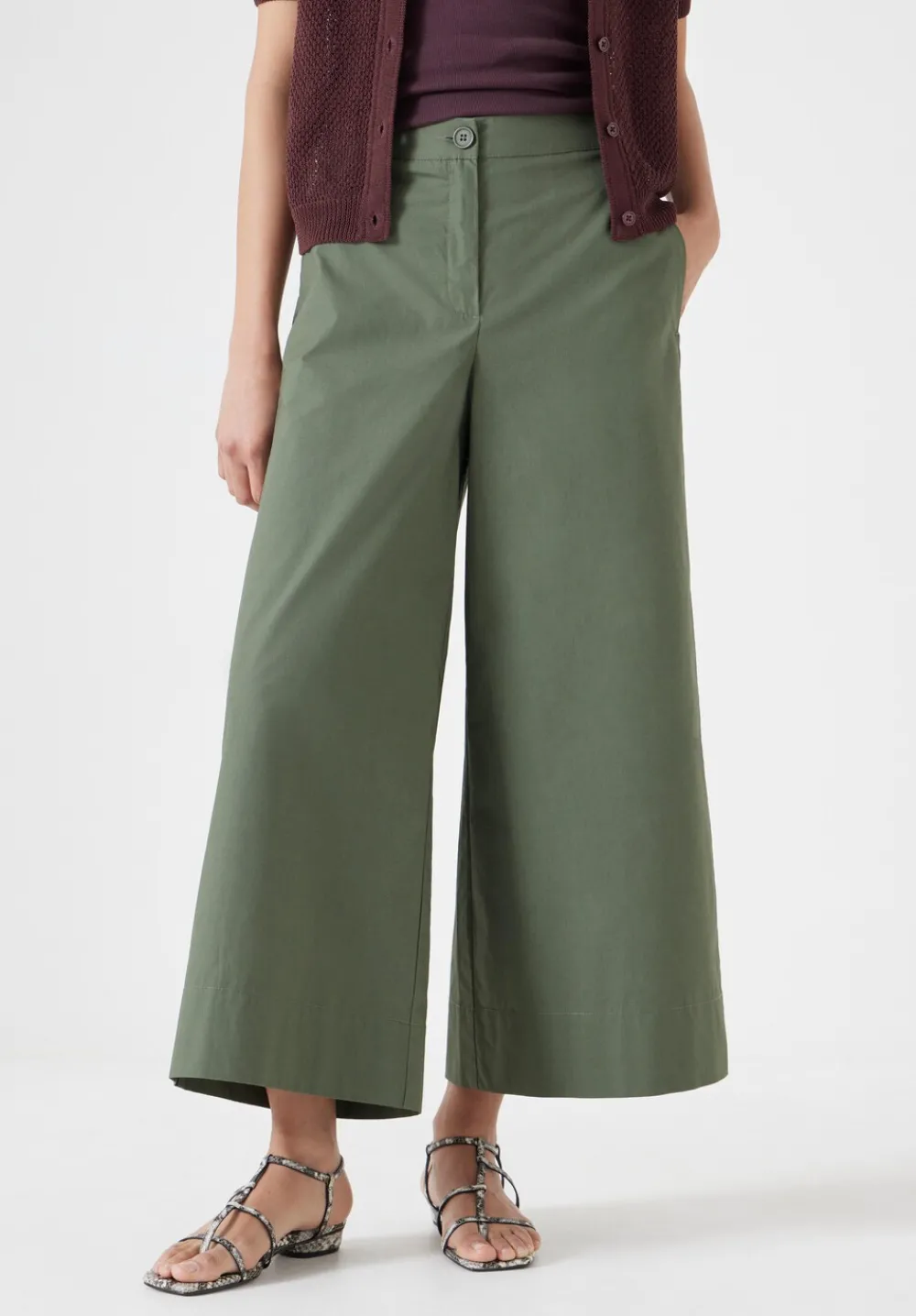 hush Trousers|Lightweight Cotton Wide Leg Cropped Trousers Khaki Green
