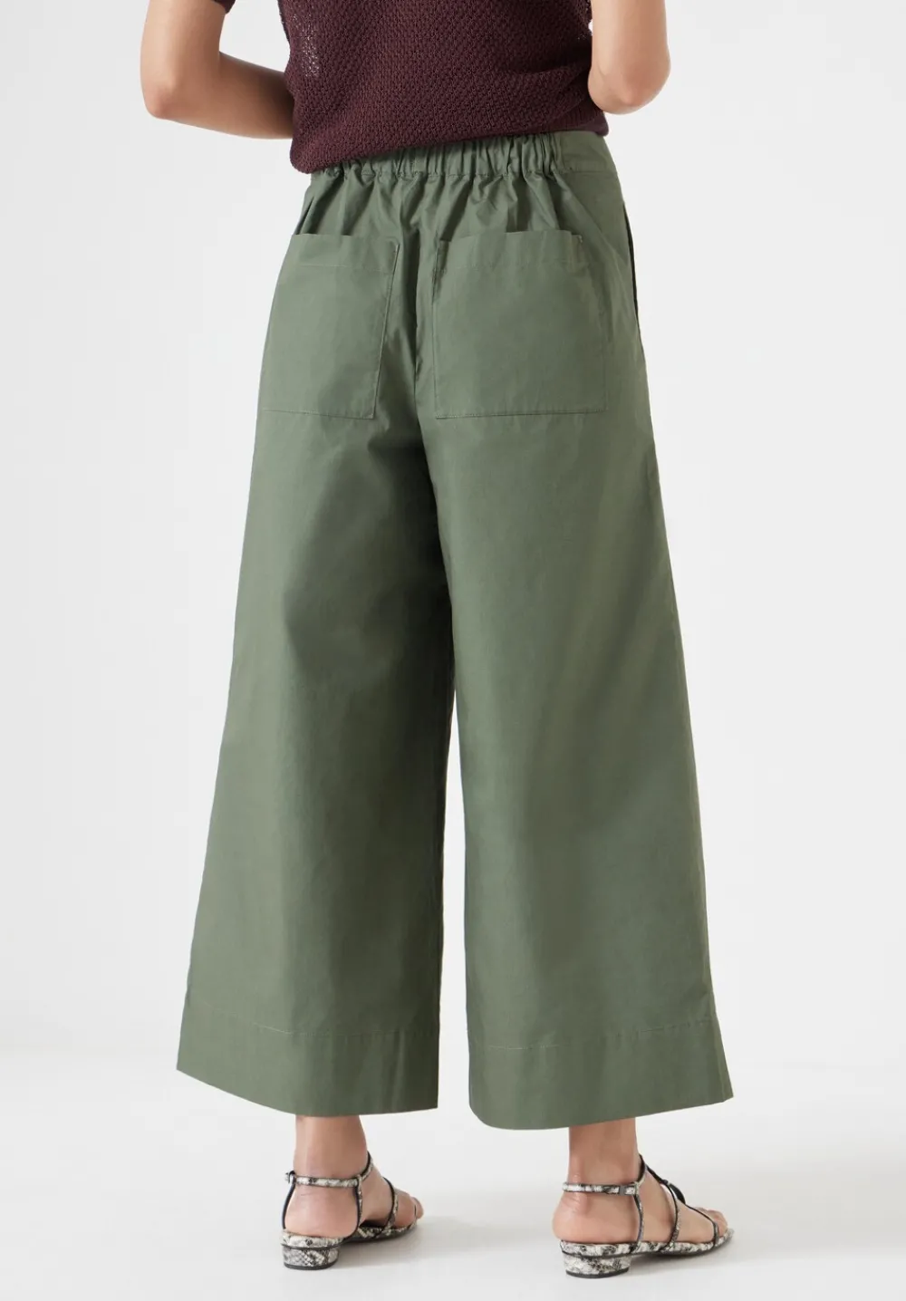 hush Trousers|Lightweight Cotton Wide Leg Cropped Trousers Khaki Green