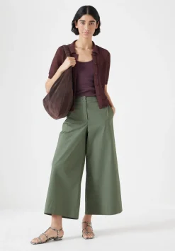 hush Trousers|Lightweight Cotton Wide Leg Cropped Trousers Khaki Green