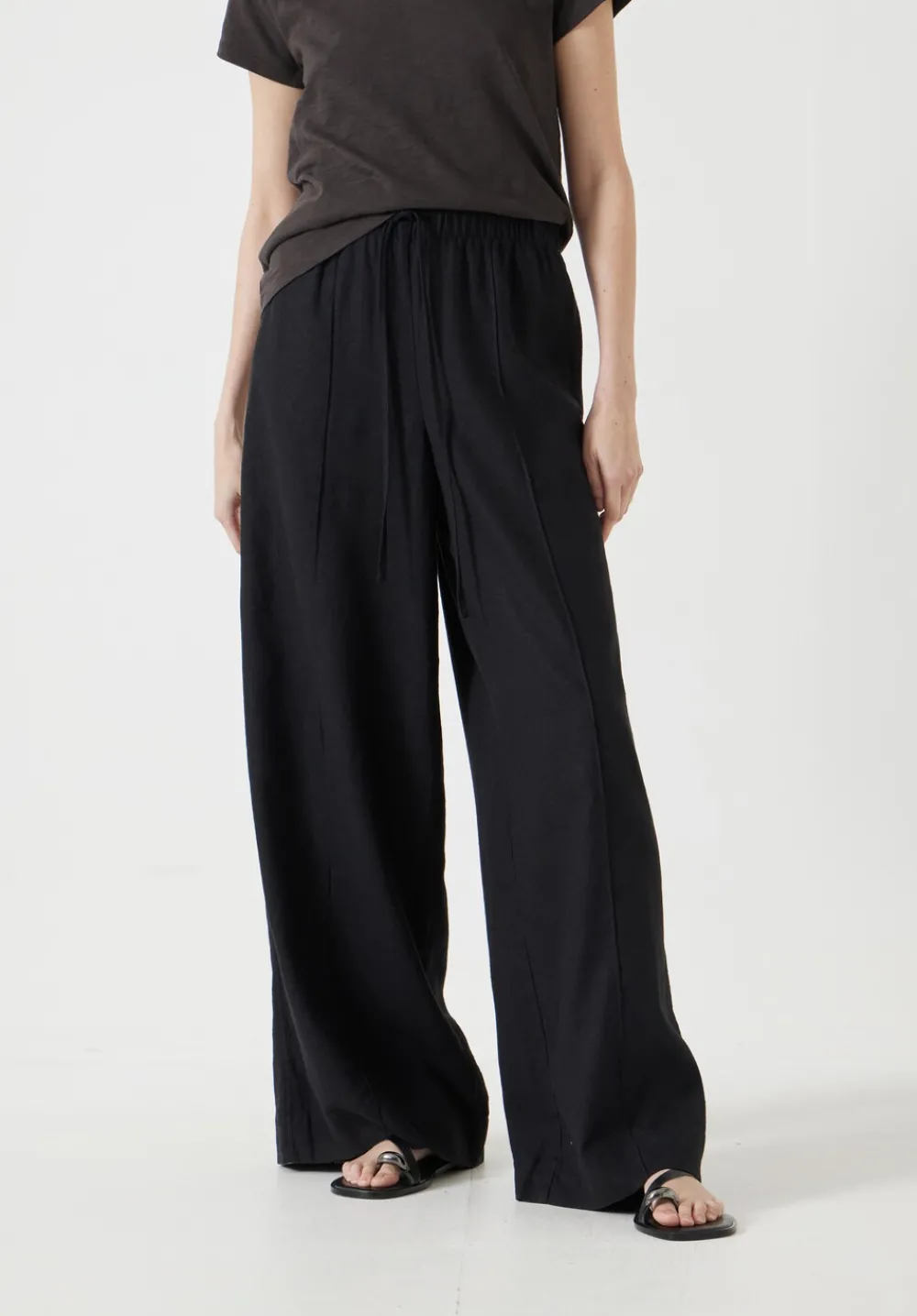 hush Trousers|Linen Blend Petunia Wide Leg Trousers Washed Black