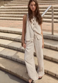 hush Trousers|Linen Blend Petunia Wide Leg Trousers Ecru Black Stripe