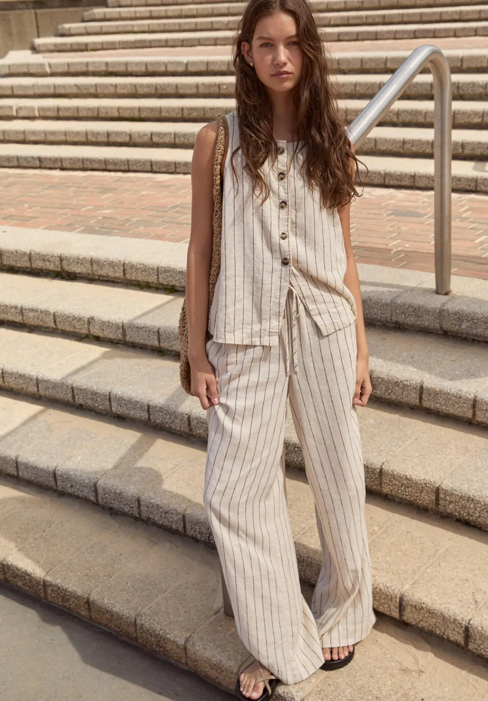hush Trousers|Linen Blend Petunia Wide Leg Trousers Ecru Black Stripe