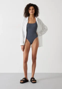 hush Swimwear & Beachwear|Lola Stripe Crinkle Scoop Swimsuit Navy/White Stripe