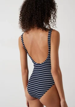 hush Swimwear & Beachwear|Lola Stripe Crinkle Scoop Swimsuit Navy/White Stripe