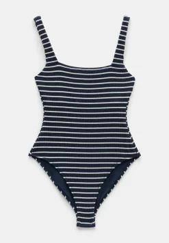 hush Swimwear & Beachwear|Lola Stripe Crinkle Scoop Swimsuit Navy/White Stripe