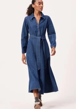 hush Dresses|Long Sleeve Denim Tie Waist Dress Mid Authentic Wash