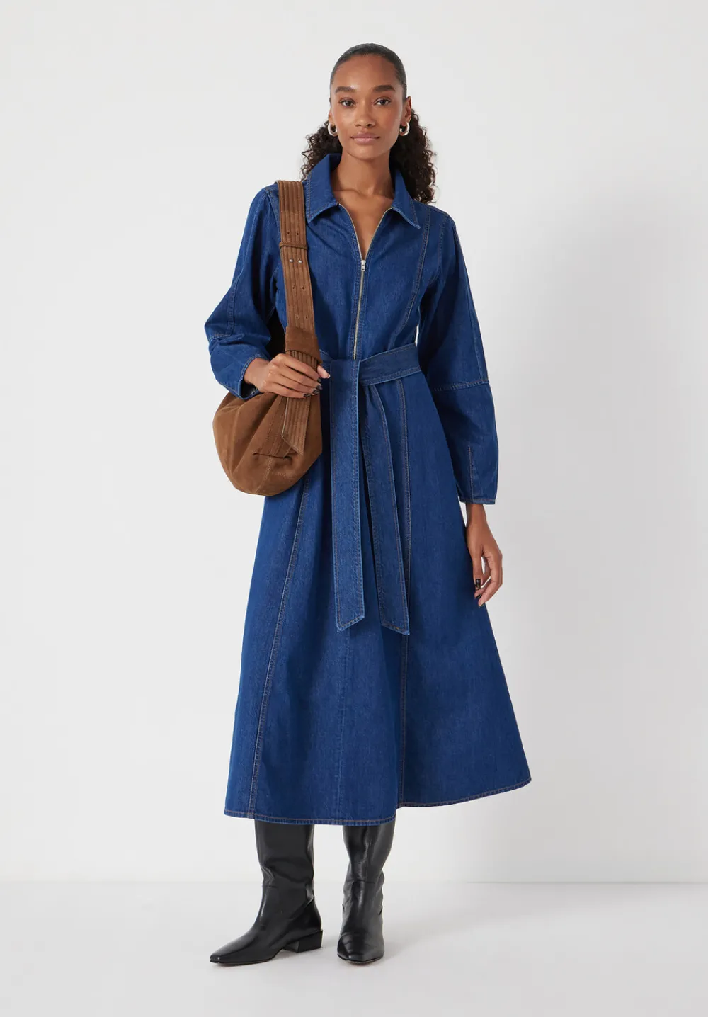 hush Dresses|Long Sleeve Denim Tie Waist Dress Mid Authentic Wash