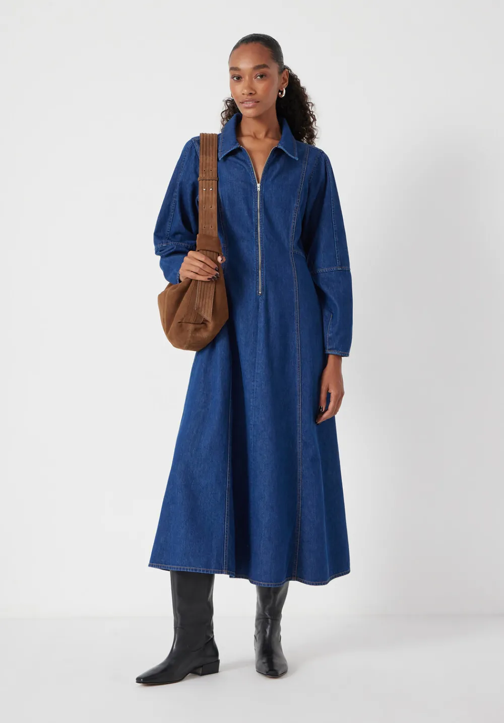 hush Dresses|Long Sleeve Denim Tie Waist Dress Mid Authentic Wash