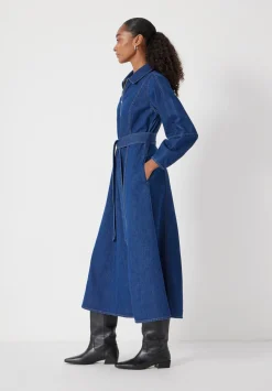 hush Dresses|Long Sleeve Denim Tie Waist Dress Mid Authentic Wash